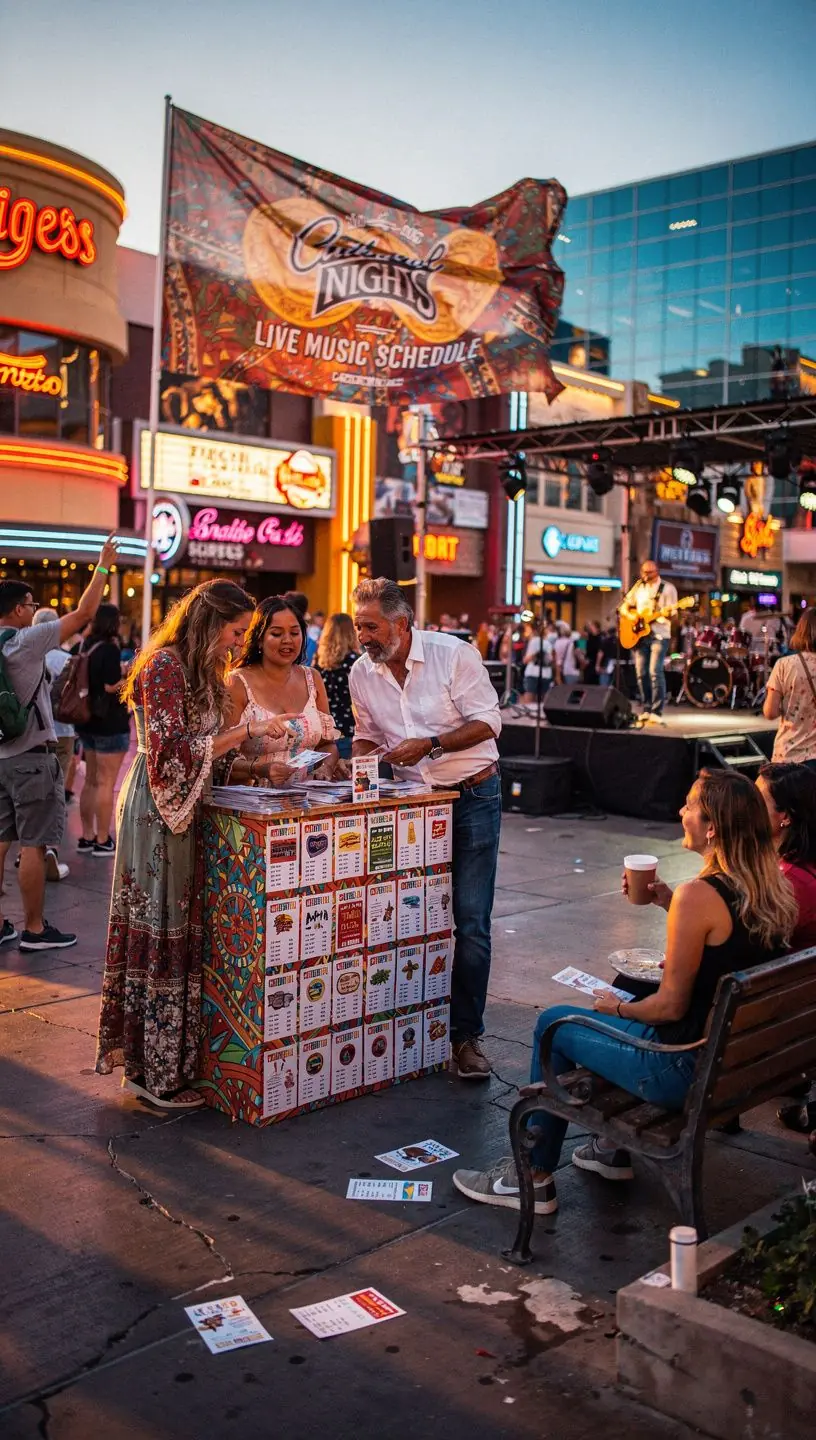 Cultural event schedules and gatherings in city setting.